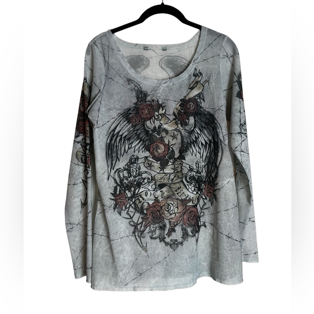 Womens Mesh Top Cross Angel Wings Tattoo Y2K Grunge Size Medium